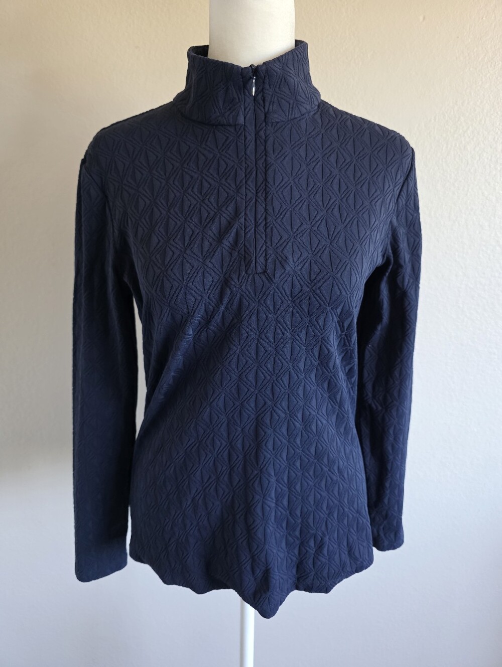 J.McLaughlin 1/4 Zip Top Navy Blue Textured Geometric Long Sleeve Size S Stretch
